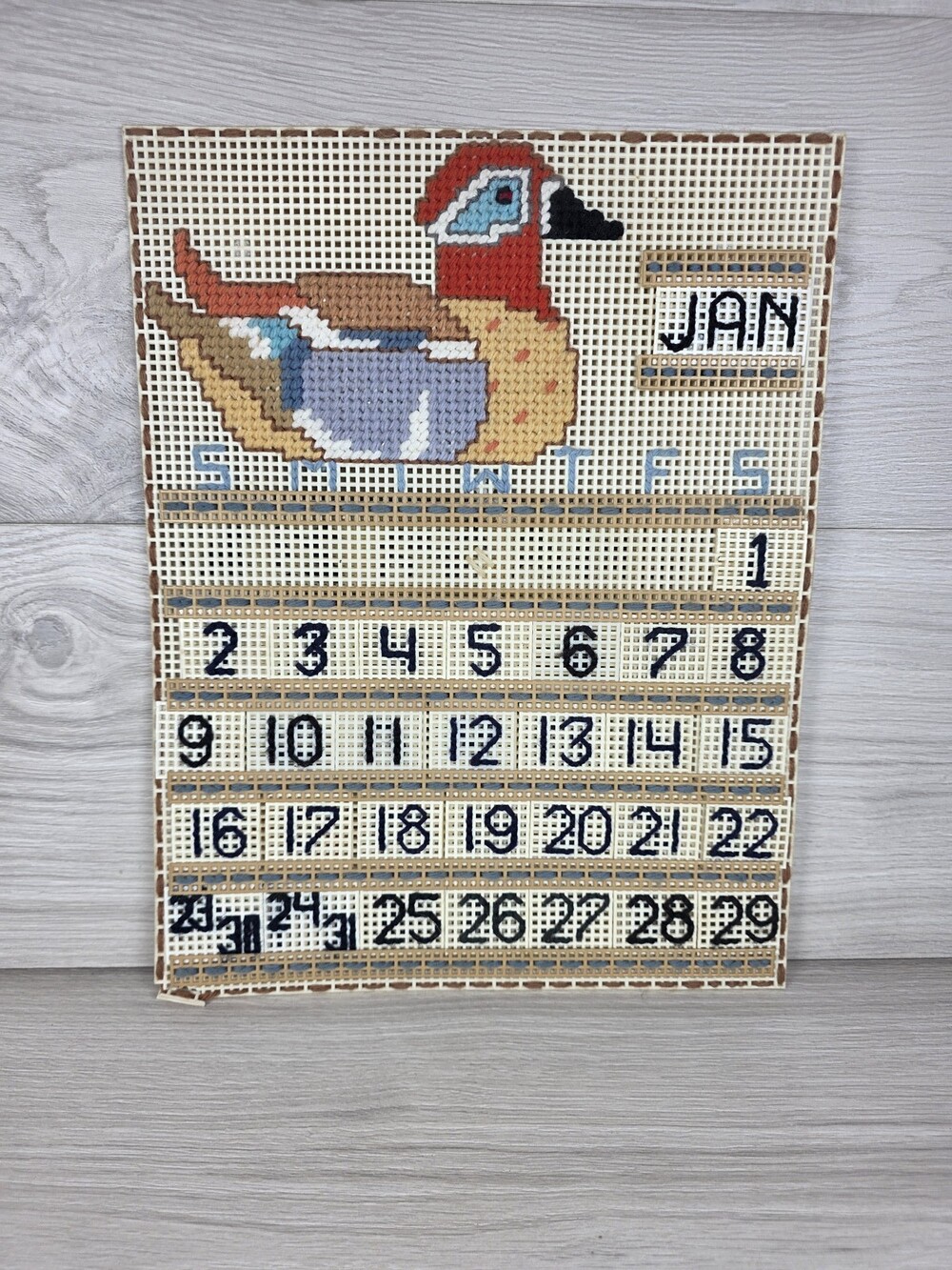 Plastic Canvas and Yarn Wall Calendar Stitched Duck Motif Rustic Farmhouse SU11